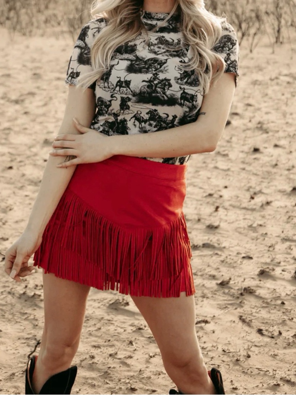 Red Fringe Mini Skirt - Women's High-Waist Festive Skirt